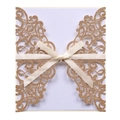 Invito matrimonio tagliato a laser oro champagne con inserto lilla e fiocco in nastro - Oro Rosa Scintillante