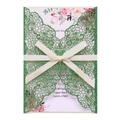 Green glitter laser-cut wedding invitation with lace pattern and white satin bow - Glitter Dark Green