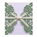 Forest green laser-cut wedding invitation cover with gold glitter finish and cream ribbon - Glitter Dark Green