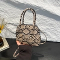 Elegant snake print shell bag with top handles and detachable shoulder strap in leather - Snake Khaki