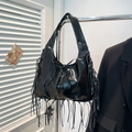 Black glossy patent leather tote bag with bow detail and long fringe tassels style - Black