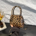 Chic leopard print shell bag with glossy finish and detachable shoulder strap for women - Leopard Brown