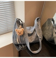 Blue-grey floral canvas large tote bag with adjustable strap and bear pendant - Blue with Charm