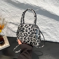 Glossy leopard print shell bag with top handles and adjustable shoulder strap - Leopard Print Black