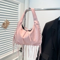 Pink leather hobo bag with delicate bow and long fringe tassels for women - Pink