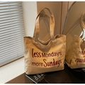 Canvas tote bag in beige with red less Mondays more Sundays embroidery and dual handles - Khaki