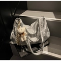 Silver-gray metallic PU leather tote with chain detail and plush bear charm - Silver