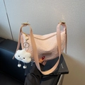 Pink crescent shoulder bag in floral embroidered fabric with white cloud plush charm - Pink