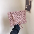 Pink bohemian hand-woven clutch bag with tassels and wrist strap for beach vacations - Pink