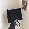 Bohemian black macrame woven clutch bag with zipper closure and decorative tassel - Black