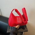 Red hobo shoulder bag in lychee pattern leather with stylish silver U-shaped metal buckle - Burgundy