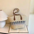 Large straw tote bag featuring blue gradient wave patterns and brown leather straps - Blue
