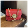 Red crocodile pattern girls' mini crossbody bag with gold chain and round lock - Red