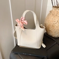 Creamy beige pebble leather bucket bag with pink heart scarf and detachable strap - Off White
