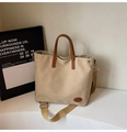 Beige canvas tote bag with brown leather handles and adjustable fabric strap - Khaki (No Pendant)