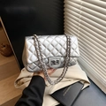 Quilted silver chain shoulder bag with metallic finish and square twist lock closure - Silver