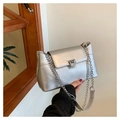 Close-up of silver crackle leather shoulder bag with metallic chain and square buckle - Silver