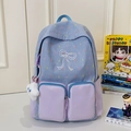 Μπλε καρό και λιλά σχολική τσάντα πλάτης με μπρελόκ σύννεφο σε στυλ κολάζ - Μπλε/Μοβ (Με Μενταγιόν)