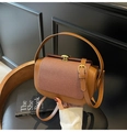 Brown leather and woven fabric contrast patchwork satchel bag with gold metal hardware - Brown