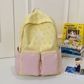 Preppy style yellow and pink checkered school backpack with bow embroidery detail - Yellow/Pink (Without Charm)