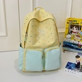 Preppy style backpack in yellow and light blue contrast with embroidery bow and polka dots - Yellow/Green (Without Charm)