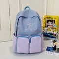 Preppy blue checkered backpack for students with purple pockets and bow embroidery - Blue/Purple (Without Charm)