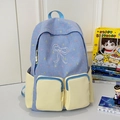 Blue and white plaid school backpack with yellow pockets and white bow embroidery - Blue/Yellow (Without Charm)