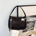 Black litchi grain square handbag with silver pegasus charm and chain detail - Black