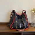 Sac seau en jean bleu foncé avec broderie florale jaune et fermeture à cordon rouge - Floral Bleu Foncé