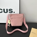 Pink nylon tote bag for women with embroidery and cute yellow moon plush pendant accessory - With Charm / Pink