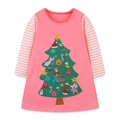 Roze gestreepte meisjesjurk met lange mouwen en een grote kerstboom applicatie - 7 jaar (125cm) / Roze (1341)