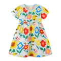 Girls short sleeve light blue cotton dress with sunflower and bee cartoon patterns - 6Y (120cm) / 1378-Light Blue