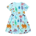 Short sleeve light blue cotton girl's dress with cartoon dinosaur and tree prints - 6Y (120cm) / Light Blue Dinosaur Print (1396)
