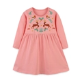Robe rose manches longues en coton pour fille avec broderie festive de renne et fleurs - 2Y(90) / Style de Broderie Rose (1414)