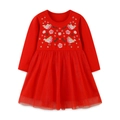 Robe rouge à manches longues pour filles avec broderie florale et jupe en tulle multicouche - 2Y(90cm) / Rouge