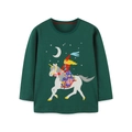 T-shirt a maniche lunghe in cotone verde scuro con stampa unicorno fiabesco per bambini - 2Y(90cm) / Stampa Ragazza Unicorno (5248)