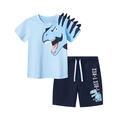 Boys' summer cotton T-shirt and shorts set with blue dinosaur pattern and 3D fin details - 6Y(130cm) / Blue (23006)