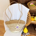 Two-tone woven straw tote bag in dark brown and beige with sunflower pendant - Brown with Pendant