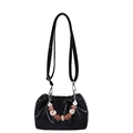 Fashionable black pleated cloud bucket bag with marble bead handle and adjustable strap - Black With Pendant