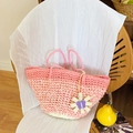 Pink and beige gradient woven straw tote bag with decorative flower and butterfly charm - Pink with Pendant