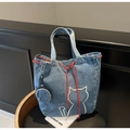 Sac cabas en denim bleu avec motif chat, cordon rouge et mini pochette assortie - Bleu