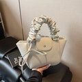 Chic beige ruched handbag with scrunchie handle and stylish ribbon detail for women - Gray