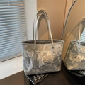 Sac fourre-tout gris argenté avec motif marbré et nœud en maille pour femmes chic - Argent (Avec Pendentif)