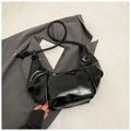 Minimalist black patent leather crescent bag with pleated design and slim strap - No Pendant / Black