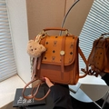 Brown vintage two-tone backpack with bear print, smooth faux leather and teddy charm - Brown
