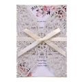 Elegant silver glitter laser cut butterfly wedding invitation with ribbon and floral insert - Silver Glitter