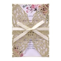 Laser-cut butterfly wedding invitation in gold glitter paper with white ribbon bow - Light Gold Glitter