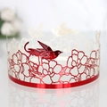 Laser cut red metallic paper cake wrapper with elegant bird and peony flower patterns - Reflective Bright Red