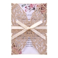 Detail of laser-cut butterfly invitation with glitter finish and satin ribbon bow - Glitter Rose Gold