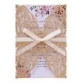 Elegant laser cut butterfly wedding invitation with gold glitter cover and ribbon bow - Glitter Golden Yellow